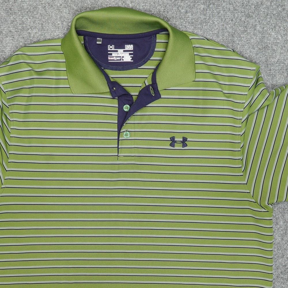 Under Armour Shirt Mens Large Green Striped HeatGear Golf Performance Loose Fit - Picture 2 of 8